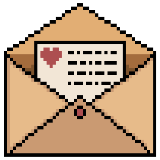 pixel art open envelope with a letter standing out of it. Letter contains a little pixel heart and imitation of text